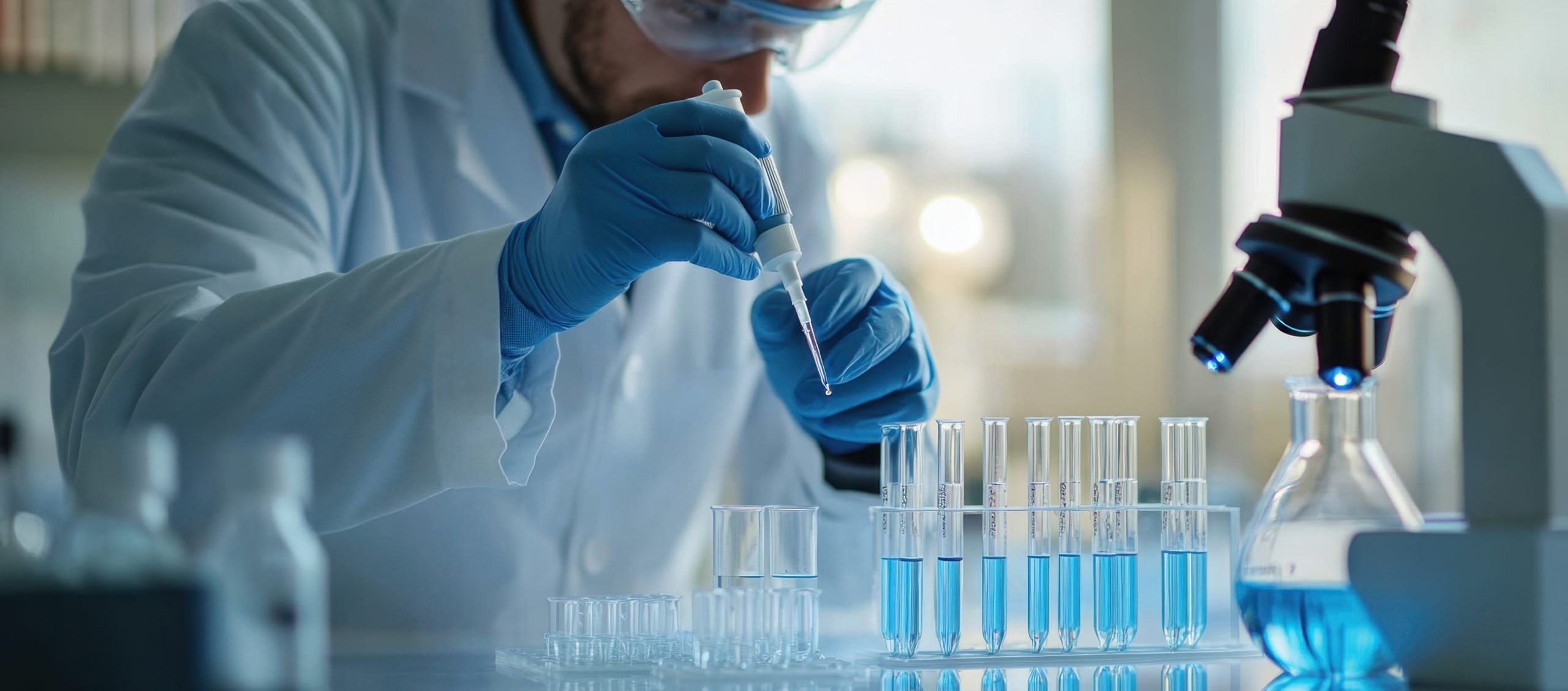 A male scientist in white lab coat and blue gloves is using an eyedropper to put liquid into test tubes on the table, close up shot of hands holding pipette Generative AI