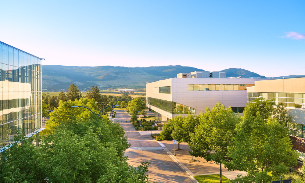 View of UBC Okanagan buildings with mountains