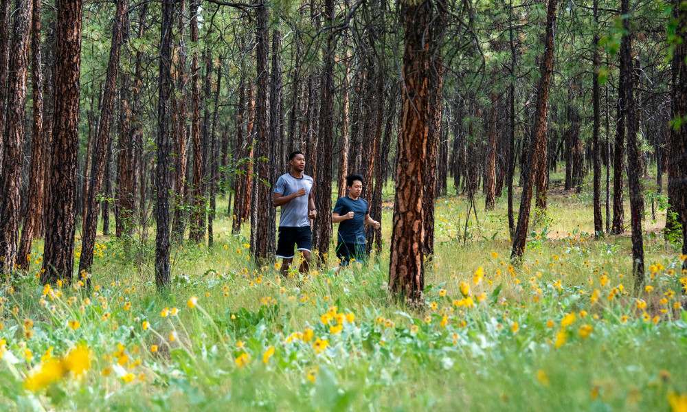 Students running on UBC Okanagan trails in spring